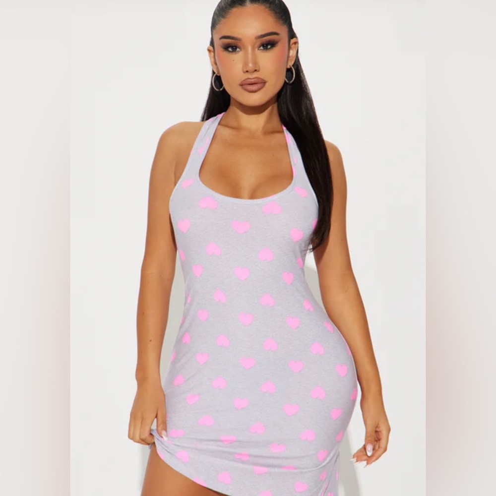 Fashion Nova Gray Dress with Pink Heart Pattern